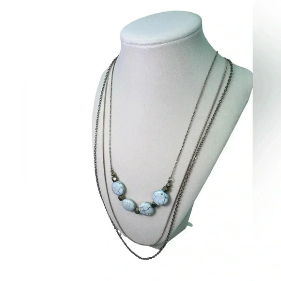 14” Turquoise Tone Dyed Stone Layered Gold Tone Chains Necklace & Earrings Combo - Picture 5 of 10